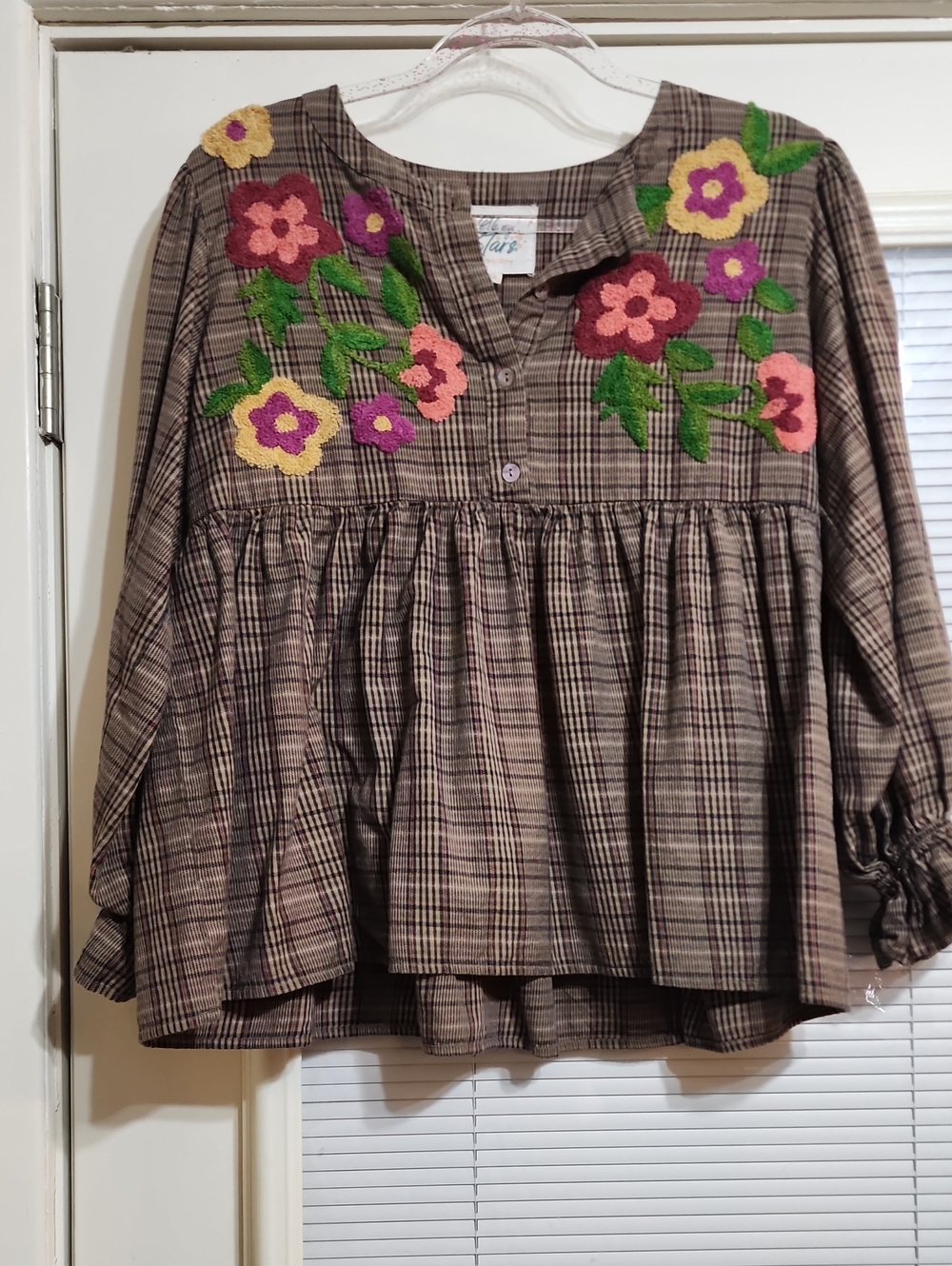 Brown Plaid Embroidered Peasant Tunic - Floral Accent
